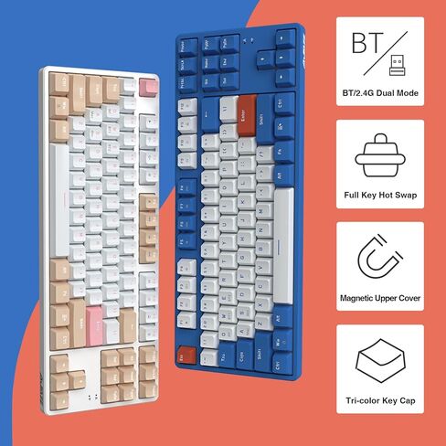 لوحة مفاتيح ميكانيكية لاسلكية Lomiluskr AK871 Hot Swap، بلوتوث/2.4G وضع مزدوج، 87 مفتاحًا صغيرًا، تأتي مع 8 أغطية مفاتيح بديلة، متوافقة مع أجهزة الكمبيوتر/الكمبيوتر المحمول/الهاتف الذكي/الكمبيوتر اللوحي (مفتاح أزرق/أحمر) in Kuwait