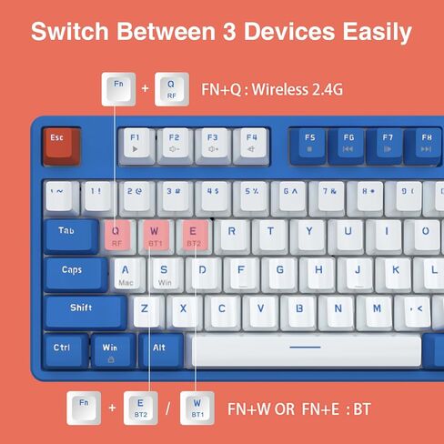 لوحة مفاتيح ميكانيكية لاسلكية Lomiluskr AK871 Hot Swap، بلوتوث/2.4G وضع مزدوج، 87 مفتاحًا صغيرًا، تأتي مع 8 أغطية مفاتيح بديلة، متوافقة مع أجهزة الكمبيوتر/الكمبيوتر المحمول/الهاتف الذكي/الكمبيوتر اللوحي (مفتاح أزرق/أحمر) in Kuwait