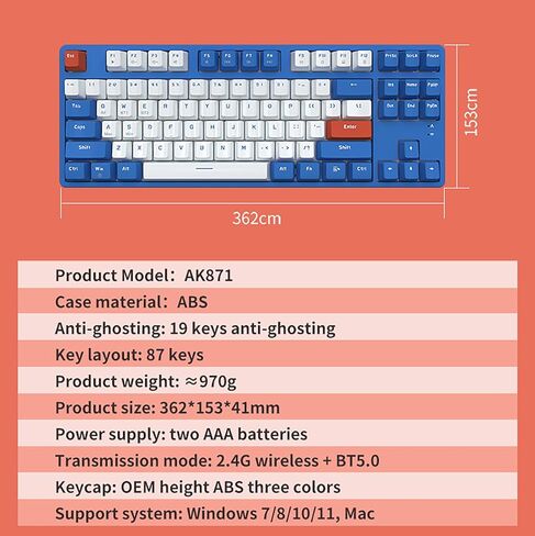 لوحة مفاتيح ميكانيكية لاسلكية Lomiluskr AK871 Hot Swap، بلوتوث/2.4G وضع مزدوج، 87 مفتاحًا صغيرًا، تأتي مع 8 أغطية مفاتيح بديلة، متوافقة مع أجهزة الكمبيوتر/الكمبيوتر المحمول/الهاتف الذكي/الكمبيوتر اللوحي (مفتاح أزرق/أحمر) in Kuwait