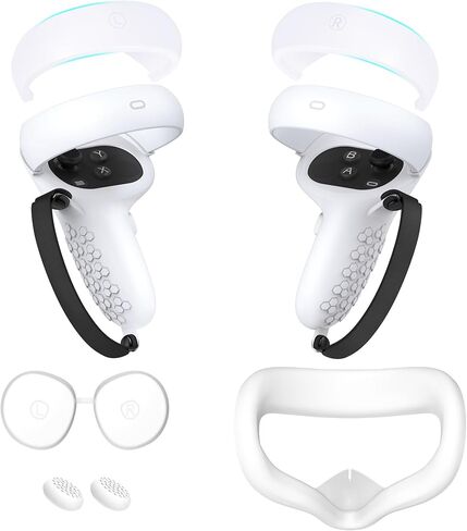 حزمة ملحقات YOMSJREX VR متوافقة مع ملحقات Quest 2، مجموعة 8 في 1 من غطاء مقابض التحكم، غطاء الوجه مع غطاء العدسة، غطاء هيكل VR، حماية ملحقات الواقع الافتراضي (أبيض) in Saudi Arabia