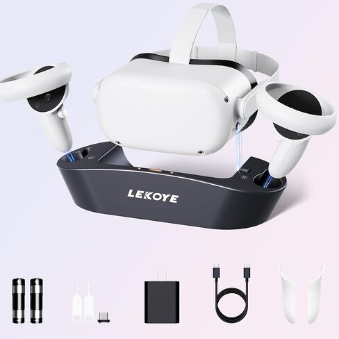 قاعدة شحن VR لـ Oculus Quest 2، محطة شحن VR مغناطيسية LEKOYE لشحن سماعات الرأس وأجهزة التحكم VR متوافقة في نفس الوقت مع Meta Quest 2، حامل شحن مع بطاريتين قابلتين لإعادة الشحن - أبيض in Saudi Arabia