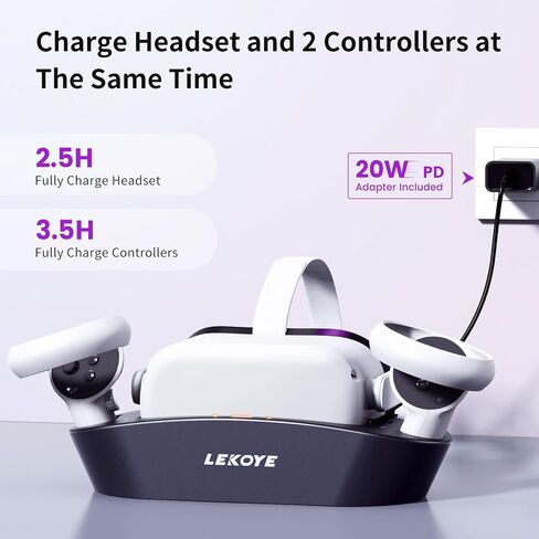 قاعدة شحن VR لـ Oculus Quest 2، محطة شحن VR مغناطيسية LEKOYE لشحن سماعات الرأس وأجهزة التحكم VR متوافقة في نفس الوقت مع Meta Quest 2، حامل شحن مع بطاريتين قابلتين لإعادة الشحن - أبيض in Saudi Arabia