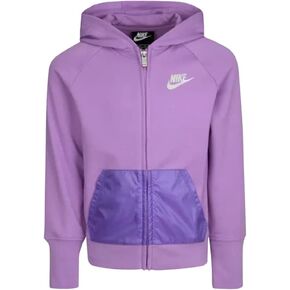 هودي Nike Little Girl بسحاب كامل خفيف الوزن بنفسجي شوك، شعار Nike Swoosh معدني قزحي الألوان، جيوب أمامية بلون الساتان، سحاب أرجواني، طراز 36I056/Color P85، مقاس 6 (5-6 سنوات) in Saudi Arabia