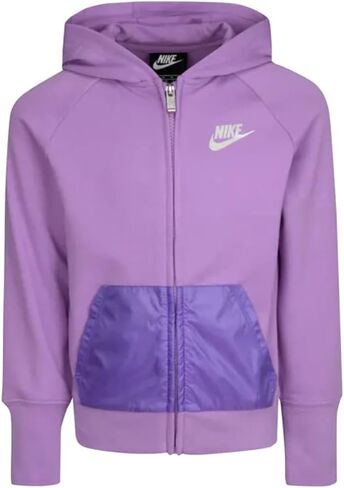 Nike Little Girl’s Full Zip Lightweight Violet Shock Fashion Hoodie, Iridescent Metallic Nike Swoosh Logo, Satin Tonal Front Pockets, Purple Zipper, Style 36I056/Color P85, Size 6 (5-6 Years Old) in Saudi Arabia