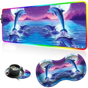 RGB Large Gaming LED Light Edge Mouse Pad + Wrist Rest + Coaster, Non-Slip Extended Waterproof Desk Mat with Stitched Edges 31.5"x11.8" for Work and Gaming, Dolphins in The Moonlight in Saudi Arabia