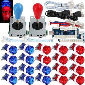 SJ@JX 2 Player Arcade Game Stick DIY Kit Buttons مع شعار LED 8 Way Joystick USB Encoder Cable Controller للكمبيوتر الشخصي MAME Raspberry Pi أحمر أزرق