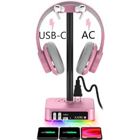 KAFRI RGB Dual Headphone Stand with USB C Charger Desk Gaming Double Headset Holder Hanger Rack with 3 USB Charging Port and 2 Outlet - Suitable for Gamer Desktop Table Game Earphone Accessories Gift in Saudi Arabia