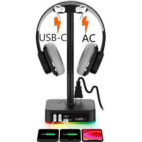 RGB Headphone Stand with USB A&C Charger Desk Gaming Headset Holder Hanger Rack with 3 USB Charging Port and 2 Outlet - Suitable for Gamer Desktop Table Game Earphone Accessories Boyfriend Gifts