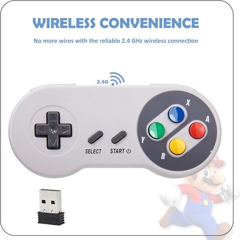 2 حزمة وحدة تحكم USB لاسلكية 2.4 جيجا هرتز متوافقة مع ألعاب SNES، وحدة تحكم SAFFUN Retro SNES للكمبيوتر الشخصي لنظام التشغيل Windows PC iOS MAC Linux Raspberry Pi Retropie OpenEmu Emulator (التوصيل والتشغيل) (قابلة لإعادة الشحن) in Kuwait