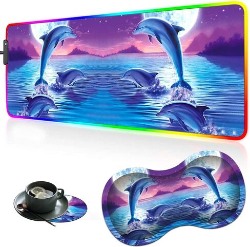RGB Large Gaming LED Light Edge Mouse Pad + Wrist Rest + Coaster, Non-Slip Extended Waterproof Desk Mat with Stitched Edges 31.5"x11.8" for Work and Gaming, Dolphins in The Moonlight in Kuwait