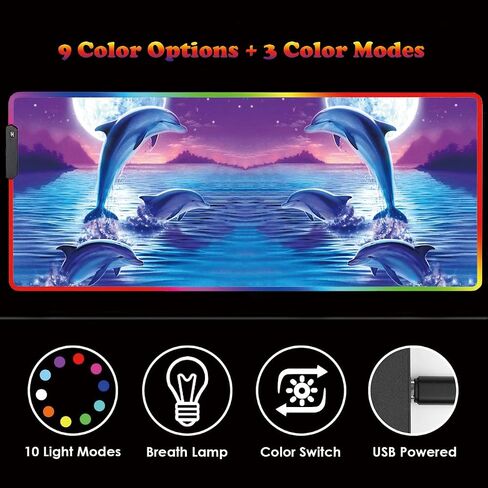 RGB Large Gaming LED Light Edge Mouse Pad + Wrist Rest + Coaster, Non-Slip Extended Waterproof Desk Mat with Stitched Edges 31.5"x11.8" for Work and Gaming, Dolphins in The Moonlight in Kuwait