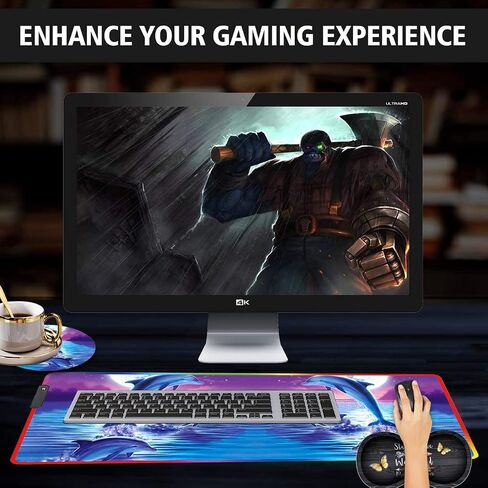 RGB Large Gaming LED Light Edge Mouse Pad + Wrist Rest + Coaster, Non-Slip Extended Waterproof Desk Mat with Stitched Edges 31.5"x11.8" for Work and Gaming, Dolphins in The Moonlight in Kuwait