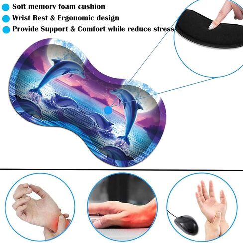 RGB Large Gaming LED Light Edge Mouse Pad + Wrist Rest + Coaster, Non-Slip Extended Waterproof Desk Mat with Stitched Edges 31.5"x11.8" for Work and Gaming, Dolphins in The Moonlight in Kuwait