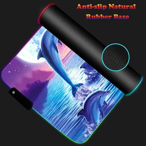 RGB Large Gaming LED Light Edge Mouse Pad + Wrist Rest + Coaster, Non-Slip Extended Waterproof Desk Mat with Stitched Edges 31.5"x11.8" for Work and Gaming, Dolphins in The Moonlight in Kuwait