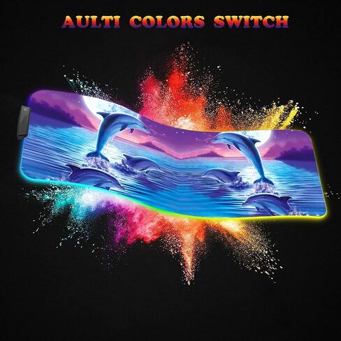 RGB Large Gaming LED Light Edge Mouse Pad + Wrist Rest + Coaster, Non-Slip Extended Waterproof Desk Mat with Stitched Edges 31.5"x11.8" for Work and Gaming, Dolphins in The Moonlight in Kuwait