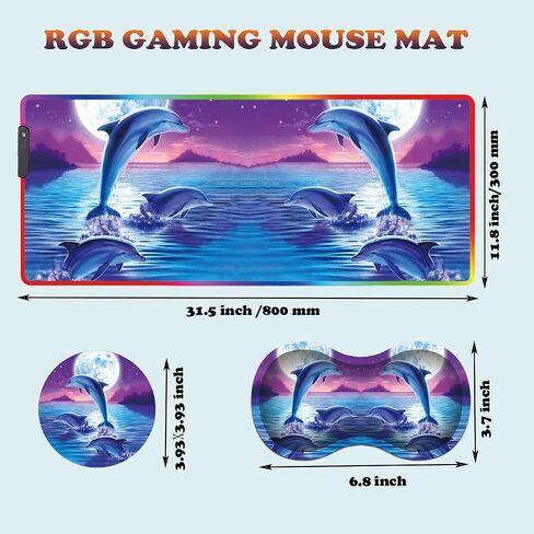 RGB Large Gaming LED Light Edge Mouse Pad + Wrist Rest + Coaster, Non-Slip Extended Waterproof Desk Mat with Stitched Edges 31.5"x11.8" for Work and Gaming, Dolphins in The Moonlight in Kuwait