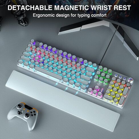 AULA F2088 Typewriter Style Mechanical Gaming Keyboard Wired,Blue Switches,Rainbow LED Backlit,Removable Wrist Rest,Media Control Knob,Retro Punk Round Keycaps,USB Wired Computer Keyboard in Kuwait