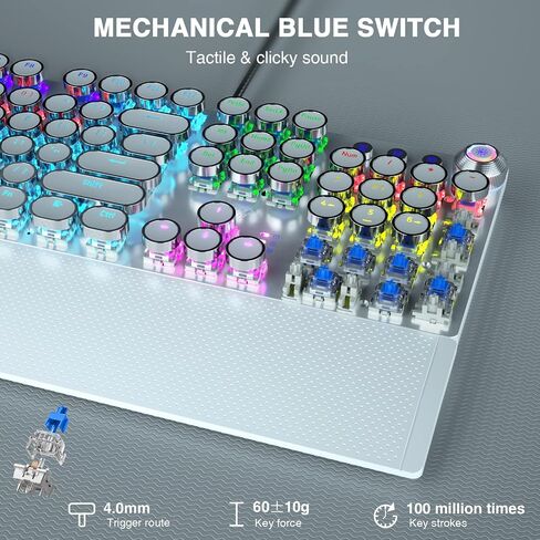 AULA F2088 Typewriter Style Mechanical Gaming Keyboard Wired,Blue Switches,Rainbow LED Backlit,Removable Wrist Rest,Media Control Knob,Retro Punk Round Keycaps,USB Wired Computer Keyboard in Kuwait