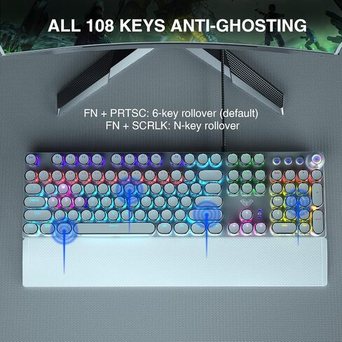 AULA F2088 Typewriter Style Mechanical Gaming Keyboard Wired,Blue Switches,Rainbow LED Backlit,Removable Wrist Rest,Media Control Knob,Retro Punk Round Keycaps,USB Wired Computer Keyboard in Kuwait