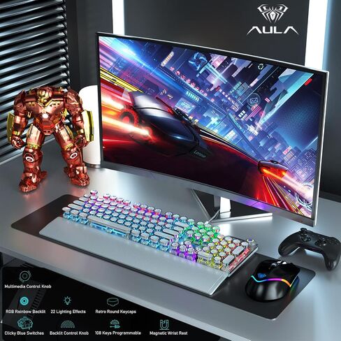 AULA F2088 Typewriter Style Mechanical Gaming Keyboard Wired,Blue Switches,Rainbow LED Backlit,Removable Wrist Rest,Media Control Knob,Retro Punk Round Keycaps,USB Wired Computer Keyboard in Kuwait