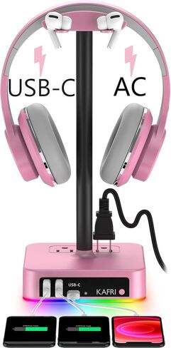 KAFRI RGB Dual Headphone Stand with USB C Charger Desk Gaming Double Headset Holder Hanger Rack with 3 USB Charging Port and 2 Outlet - Suitable for Gamer Desktop Table Game Earphone Accessories Gift in Kuwait