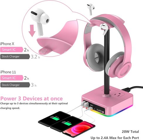 KAFRI RGB Dual Headphone Stand with USB C Charger Desk Gaming Double Headset Holder Hanger Rack with 3 USB Charging Port and 2 Outlet - Suitable for Gamer Desktop Table Game Earphone Accessories Gift in Kuwait