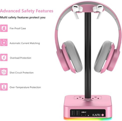 KAFRI RGB Dual Headphone Stand with USB C Charger Desk Gaming Double Headset Holder Hanger Rack with 3 USB Charging Port and 2 Outlet - Suitable for Gamer Desktop Table Game Earphone Accessories Gift in Kuwait