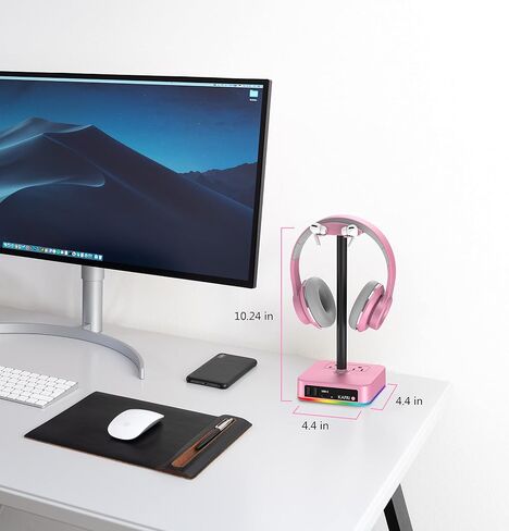 KAFRI RGB Dual Headphone Stand with USB C Charger Desk Gaming Double Headset Holder Hanger Rack with 3 USB Charging Port and 2 Outlet - Suitable for Gamer Desktop Table Game Earphone Accessories Gift in Kuwait