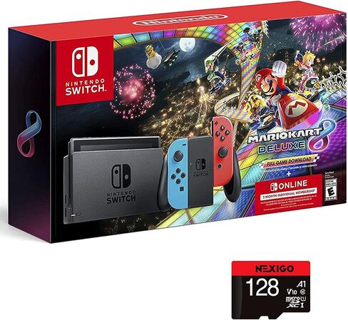 Nintendo 2021 Switch Console Family Holiday Bundle - Neon Mario, 6.2" Touchscreen LCD Display, Bluetooth + NexiGo_ 128GB MicroSD Card Bundle in Saudi Arabia