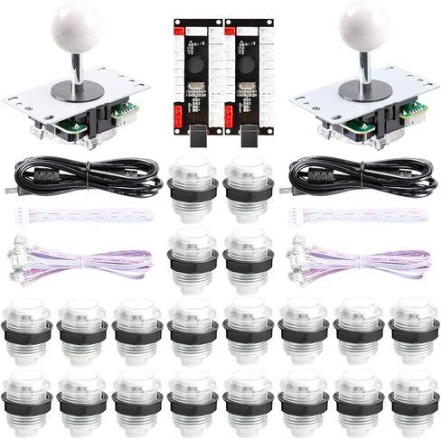 Easyget مجموعة ممر LED محدثة 2X مشغل دي دي الإصدار 2 وصلة تشغيل USB بدون تأخير + 2X عصا تحكم + 20x أزرار ممر LED للحاسب الشخصي والنوافذ، ومام، وتوت العليق بي أركيد DIY (لاعبن، مجموعة بيضاء) in Kuwait