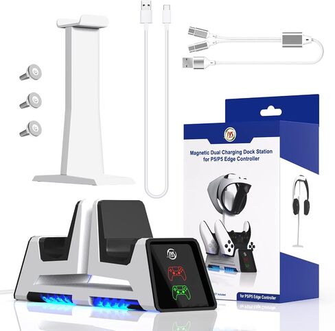 محطة شاحن وحدة التحكم JOYTORN PS-5 Edge، قاعدة شحن مزدوجة سريعة لأجهزة التحكم اللاسلكية DualSense مع مؤشر LED، حامل سماعة الرأس، كابل شاحن من النوع C، أبيض in Saudi Arabia