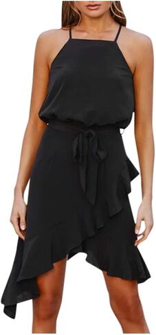 Shakumy Women Casual Sleeveless Halter Neck Boho Print Mini Dress Ruffle Irregular Hem Party Beach Tunic Short Dress in Saudi Arabia