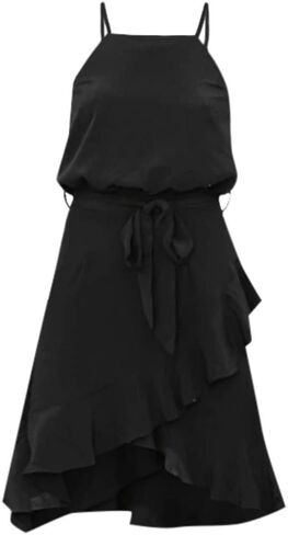 Shakumy Women Casual Sleeveless Halter Neck Boho Print Mini Dress Ruffle Irregular Hem Party Beach Tunic Short Dress in Saudi Arabia