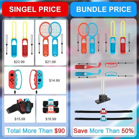 Switch Sports Accessories Bundle-16 in 1 Switch Accessories Kit for Nintendo Switch Sports Games, Golf Clubs/Wrist Dance Bands & Leg Strap/Sword Grips/Tennis Rackets/Bowling Grips/Charger Set in Saudi Arabia