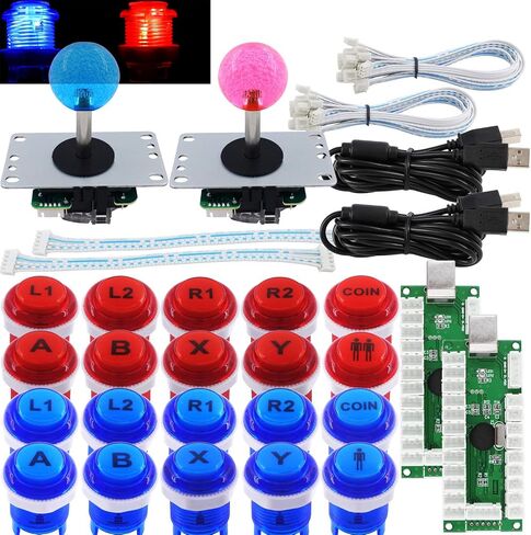 SJ@JX Arcade 2 Player Game Controller Stick DIY Kit LED Buttons with Logo MX Microswitch 8 Way Joystick USB Encoder Cable for PC MAME Raspberry Pi Red Blue in Saudi Arabia