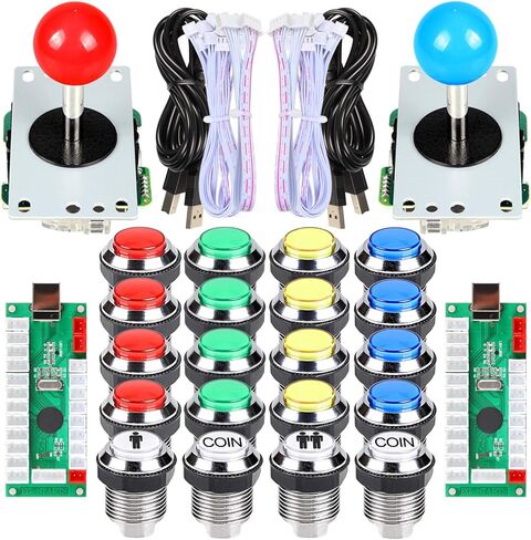 2 مشغل في مسابقة الممر مجموعات DIY تشفير USB إلى الكمبيوتر عصا التحكم + ملصق 8 طرق + زر ضغط مضيء من الكروم 1 & 2 زر تشغيل عملة معدنية لـ Arcade Mame Raspberry Pi 2 3 3B Games in Kuwait