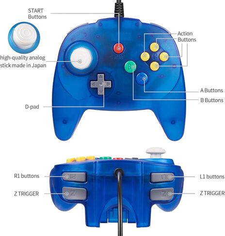 2 حزمة من وحدة التحكم LuxMO بريميوم USB N64 ، نسخة محسنة من الألعاب USB لجهاز ويندوز PC Mac Raspberry pi(أزرق شفاف + أخضر شفاف) in Kuwait