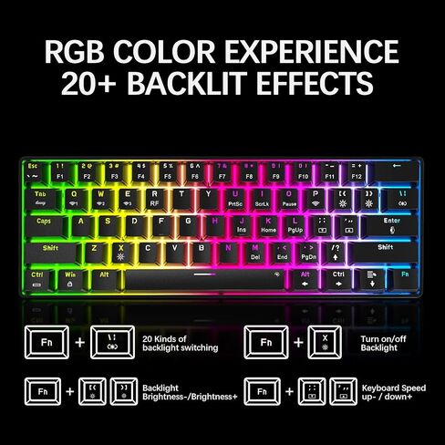 لوحة مفاتيح ألعاب polcd 60 بالمائة، 61 مفتاحًا ثلاثي الوضع BT5.0/2.4G/USB-C، لوحة مفاتيح ميكانيكية RGB مدمجة قابلة للتبديل السريع مع مفاتيح حمراء - لوحة علوية معدنية سوداء in Saudi Arabia