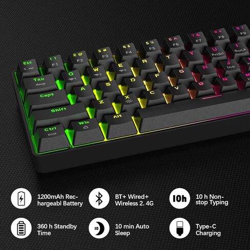 لوحة مفاتيح ألعاب polcd 60 بالمائة، 61 مفتاحًا ثلاثي الوضع BT5.0/2.4G/USB-C، لوحة مفاتيح ميكانيكية RGB مدمجة قابلة للتبديل السريع مع مفاتيح حمراء - لوحة علوية معدنية سوداء in Saudi Arabia