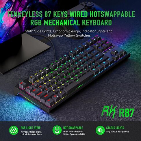 لوحة مفاتيح ميكانيكية RK ROYAL KLUDGE R87، تخطيط 75%، لوحة مفاتيح سلكية للألعاب قابلة للتبديل السريع، لوحة مفاتيح ألعاب كمبيوتر ماكرو مدمجة بإضاءة خلفية RGB و87 مفتاحًا لنظام Win Mac، مفتاح أصفر - أسود in Kuwait