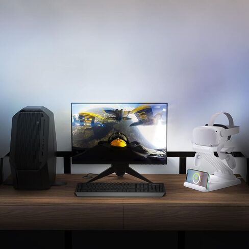 محطة ملحقات الواقع الافتراضي 3 في 1 من NIUVR متوافقة مع Quest 2 Quest 1 Rift S Vive Cosmos Valve Index وما إلى ذلك. تدعم سدادات الأذن لساعة الهاتف المحمول وإعادة شحن المنتج اللاسلكي in Saudi Arabia