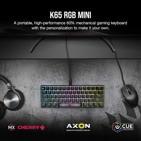 لوحة مفاتيح الألعاب الميكانيكية Corsair K65 RGB MINI بنسبة 60% (إضاءة خلفية RGB قابلة للتخصيص لكل مفتاح، مفاتيح ميكانيكية CHERRY MX Speed، كابل USB من النوع C قابل للفصل، تقنية AXON Hyper-Processing) أسود in Kuwait