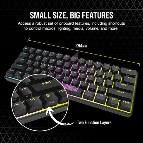 لوحة مفاتيح الألعاب الميكانيكية Corsair K65 RGB MINI بنسبة 60% (إضاءة خلفية RGB قابلة للتخصيص لكل مفتاح، مفاتيح ميكانيكية CHERRY MX Speed، كابل USB من النوع C قابل للفصل، تقنية AXON Hyper-Processing) أسود in Kuwait