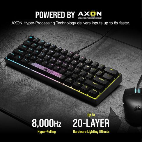 لوحة مفاتيح الألعاب الميكانيكية Corsair K65 RGB MINI بنسبة 60% (إضاءة خلفية RGB قابلة للتخصيص لكل مفتاح، مفاتيح ميكانيكية CHERRY MX Speed، كابل USB من النوع C قابل للفصل، تقنية AXON Hyper-Processing) أسود in Kuwait