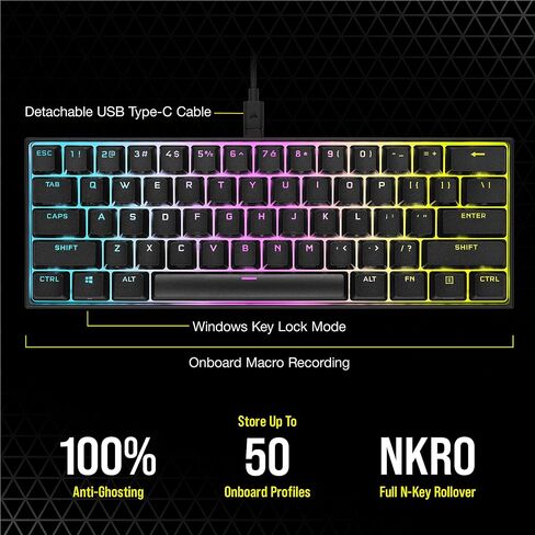 لوحة مفاتيح الألعاب الميكانيكية Corsair K65 RGB MINI بنسبة 60% (إضاءة خلفية RGB قابلة للتخصيص لكل مفتاح، مفاتيح ميكانيكية CHERRY MX Speed، كابل USB من النوع C قابل للفصل، تقنية AXON Hyper-Processing) أسود in Kuwait
