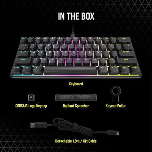 لوحة مفاتيح الألعاب الميكانيكية Corsair K65 RGB MINI بنسبة 60% (إضاءة خلفية RGB قابلة للتخصيص لكل مفتاح، مفاتيح ميكانيكية CHERRY MX Speed، كابل USB من النوع C قابل للفصل، تقنية AXON Hyper-Processing) أسود in Kuwait