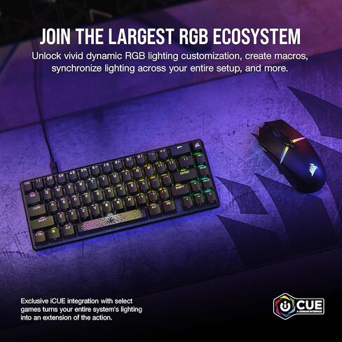 لوحة مفاتيح الألعاب الميكانيكية Corsair K65 RGB MINI بنسبة 60% (إضاءة خلفية RGB قابلة للتخصيص لكل مفتاح، مفاتيح ميكانيكية CHERRY MX Speed، كابل USB من النوع C قابل للفصل، تقنية AXON Hyper-Processing) أسود in Kuwait
