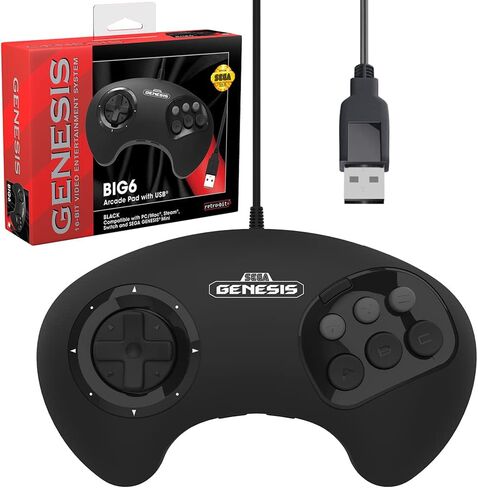 Retro-Bit BIG6 USB Arcade Controller Pad for Sega Genesis Mini, Switch, PC, Mac, Steam, RetroPie, Raspberry Pi - USB Port - Black in Kuwait