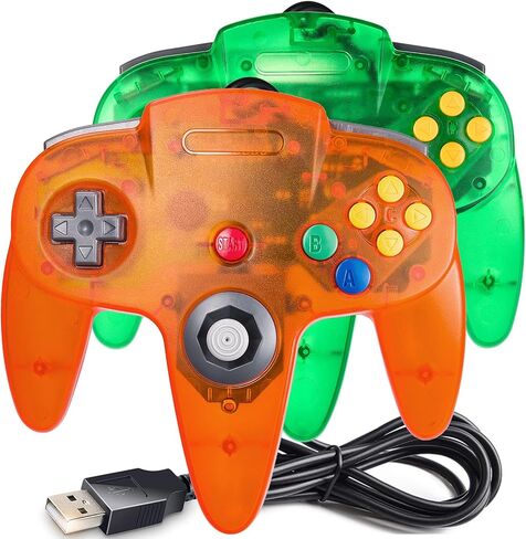 2 Pack USB N64 Controller, Wired PC Gamepad [3D Analog Stick] for Windows PC MAC Linux Raspberry Pi Genesis Higan Project 64 Retropie OpenEmu Emulator (Plug & Play) (Clear Green/Clear Orange) in Kuwait