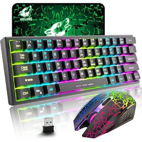 ZIYOU LANG T61 Wireless Gaming Keyboard and Mouse Combo with Ergonomic 61 Key Rainbow LED Backlight Anti-ghosting Mechanical Feel Rechargeable 4000mAh Battery Mouse Pad for PC MAC Gamer Typists(Black)